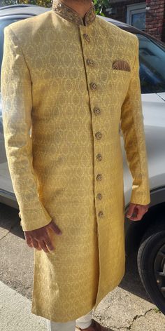 Discounted wholesale prices . New With Tags Men Sherwani + Churidar pants. Elegant Look, Comfortable and vibrant  for special occasion. Perfect for weddings, parties, special or simple occasions. Complete Your Ethnic Look with ElegantWear  Contact US if you need help with size, Or check (your chest/Height should be) in measurement chart. length does'nt include the cross cut length, it;s the base length Item used in the picture is just a sample of one of its kind, listing is for brand new unused item. Feel free to contact us if any Questions.   SIZE CHART (All sizes are in inches, 1 inch size difference if any)  Your actual chest size should be at least 4 inches less then kurta chest size in chart SIZE---KURTALENGTH---CHEST---  Sleeves--- Your Chest Should be 36----------39----------------4 Semi-stitched Gold Kurta With Naqshi, Ceremonial Gold Kurta With Naqshi Details, Ceremonial Gold Kurta With Naqshi, Festive Gold Sherwani With Naqshi Detailing, Festive Gold Sherwani With Naqshi, Bollywood Style Gold Churidar With Naqshi, Bollywood Gold Churidar With Naqshi, Gold Nehru Jacket With Naqshi For Eid, Gold Traditional Wear With Naqshi For Transitional Season