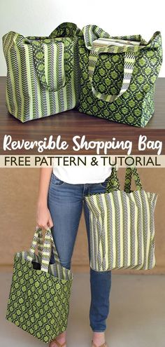 a woman holding two bags with the words revable shopping bag free pattern and video