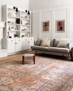 a living room filled with furniture and lots of bookshelves on top of it