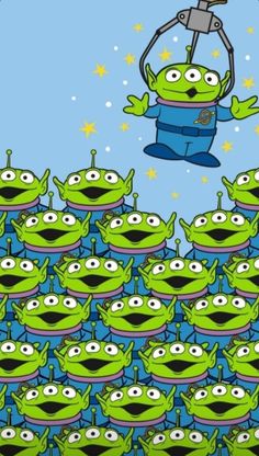 a cartoon character flying through the air over a bunch of green aliens in front of a blue background