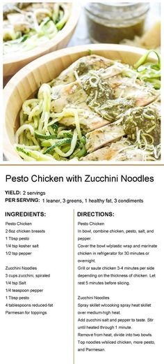 the recipe for pesto chicken with zucchini noodles is shown in this brochure