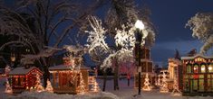 christmas lights on trees and houses in the snow