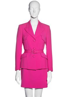 For Sale on 1stDibs - ▪ Gianni Versace neon pink wool monochromatic skirt suit ▪ 100% Wool, Lining 100% Rayon ▪ Single-breasted fitted blazer jacket ▪ Four front flap pockets Pink Long Sleeve Skirt Suit For Work, Pink Fitted Skirt Suit For Workwear, Chic Pink Skirt Suit For Office, Pink Skirt Suit For Spring Office Wear, Mini Skirt Suit, Versace Skirt, Silk Evening Dress, Versace Pink, Barbie Wardrobe