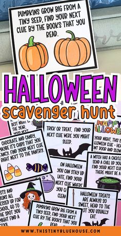 halloween scavenger hunt for kids with pumpkins and bats on the front page