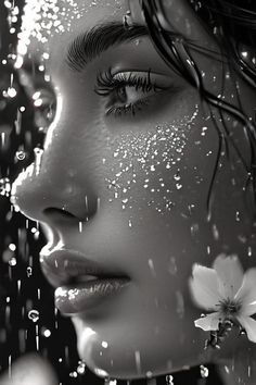 a woman's face is covered with water droplets and has flowers in her hair