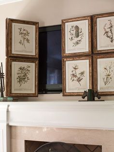 four framed pictures on the wall above a fireplace