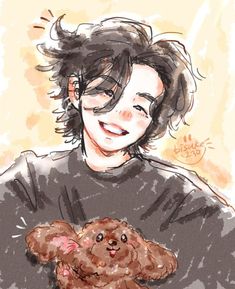 a drawing of a boy holding a teddy bear in his arms and smiling at the camera