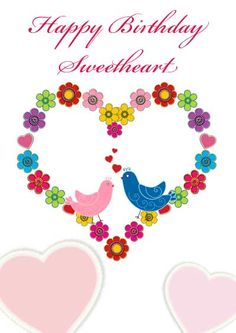 two birds in the shape of a heart with flowers and hearts