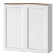 a white cabinet with two doors on the front and one door open to reveal a brown top