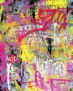 an abstract painting with lots of different colors and patterns on it, including pink, yellow,