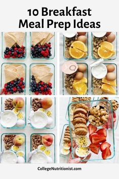 collage of breakfast meal prep boxes with fruits, cereals and other food items