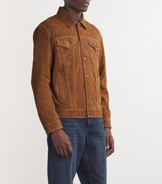 "Find RALPH LAUREN Suede Trucker Jacket on Editorialist. Touted as the brand that \"dressed the world in the American Dream\", Polo Ralph Lauren is responsible for many sartorial icons. A distinct piece of Americana is the trucker jacket, which is inspired by both workwear and Western codes. Here, the style is crafted from lush goat suede and that has been specially treated for additional dimension." Ralph Lauren Single Breasted Outerwear For Fall, Fitted Ralph Lauren Outerwear With Welt Pockets, Ralph Lauren Casual Fall Outerwear, Casual Ralph Lauren Fall Outerwear, Ralph Lauren Long Sleeve Fall Outerwear, Ralph Lauren Long Sleeve Outerwear With Welt Pockets, Ralph Lauren Fall Outerwear, Ralph Lauren Spring Outerwear With Button Closure, Spring Ralph Lauren Outerwear With Button Closure