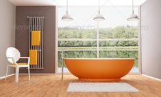 an orange bath tub sitting in the middle of a room next to a white chair