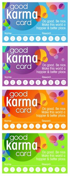 three colorful business cards with the words good karma, good karma and good karma on them