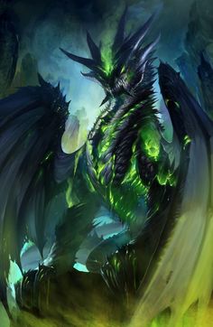 a green and black dragon sitting on top of a lush green forest covered in clouds