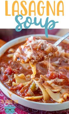 lasagna soup in a white bowl with a spoon