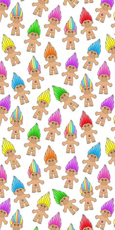 an image of many different colored dolls on a white background for wallpaper or fabric