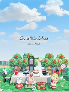 an animated image of alice in wonderland with apples on the table and other food items