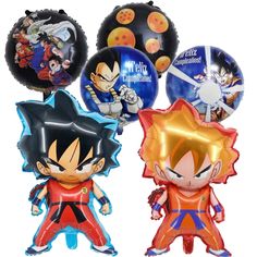 dragon ballons and foil balloons are shown in three different colors, including red, orange, and blue