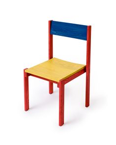 a wooden chair with a blue seat and red frame on the back, against a white background