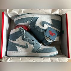 Jordan 1s Brand New Not Worn Size 10.5 In Women’s Size 9 In Men’s Denim Jordan 1s Outfit, Denim Jordans, Blue Air Jordan 1 Outfits, Jordan 1 Denim, Turquoise Jordans, Jordan Jeans, Blue Air Jordan 1, Nike Tenis, Gold Basketball Shoes