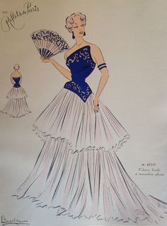 a drawing of a woman in a blue dress holding a fan