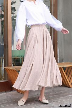 Olivia Mark - High-Waist Solid-Colored Cotton and Linen Midi Skirt with Flared Hem Linen Midi Skirt, High Waist Long Skirt, High Waisted Maxi Skirt, Skirts Midi High Waisted, Brown Outfit, Maxi Skirts, Pleated Mini Skirt, Types Of Skirts, Pure Color