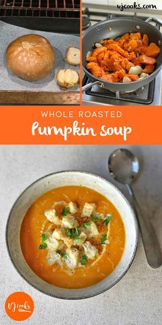 pumpkin soup in a bowl with bread on the side and whole roasted pumpkins next to it