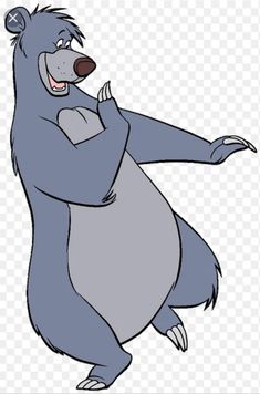 a cartoon bear standing on one leg with his arms spread out to the side,