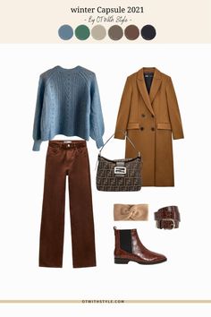 This winter, I created a classic casual-style capsule wardrobe: Sky blue knit, brown corduroy trousers , camel coate, and brown Chelsea boots. Check out my blog for more capsule wardrobe guides and ideas. Brown With Blue Outfit, Brown Chealse Boots Outfit Women, Autumn Blue Outfit, Blue And Camel Outfit, Brown Knitted Sweater Outfit, Blue And Brown Outfits For Women, Camel And Blue Outfit, Camel Shoes Outfit, Brown Style Outfit