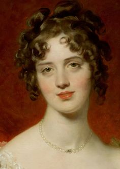 an oil painting of a woman with curly hair wearing a white dress and pearls on her necklace