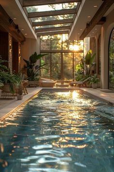 an indoor swimming pool with sun reflecting off the water