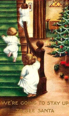 two children are climbing up the stairs to get into their christmas tree, and another child is on the other side of the staircase