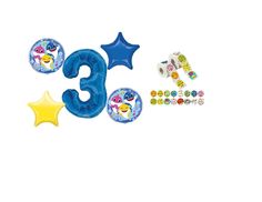 the number five balloon is next to some decorations and balloons on a white background with blue stars