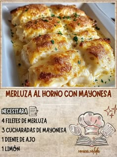 an advertisement for a restaurant called merluza al hono con mayonesa