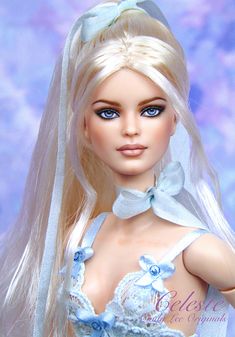 a barbie doll with blonde hair and blue eyes wearing a white wedding dress on her head