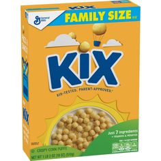 a box of kix cereal sitting on top of a table