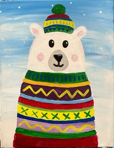 a painting of a polar bear wearing a colorful hat and sweater with multicolored stripes