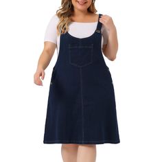 The Plus Size Women's Jean Overalls Bib Dress is a stylish and versatile piece that combines the comfort of overalls with the femininity of a dress. It features a button closure for a secure fit and has a sleeveless design. The Jean Denim Suspender Skirt Overall Dress combines style and comfort, making it a nice choice for work, daily wear, dating, gatherings, parties, and weekends. Its loose fit with patch pockets adds a touch of functionality, while the sleeveless design offers a trendy look. Denim Suspenders, Overalls Plus Size, Denim Jumper Dress, Bib Dress, Denim Jumper, Denim Overall Dress, Plus Size Brands, Suspender Skirt, Suspender Dress