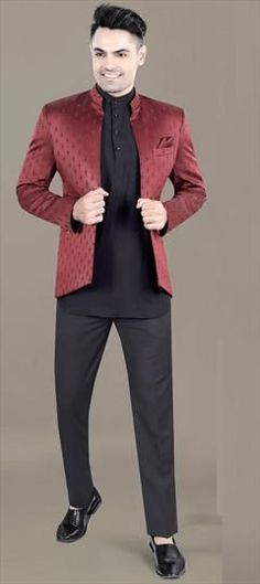 Black and Grey, Red and Maroon color Jodhpuri Suit in Rayon fabric with Printed work Red Nehru Jacket For Diwali Designer Wear, Traditional Red Long Sleeve Suits, Designer Red Fitted Nehru Jacket, Red Fitted Nehru Jacket For Designer Wear, Formal Red Salwar Kameez With Zari Work, Formal Red Salwar Kameez With Long Sleeves, Formal Red Zari Work Salwar Kameez, Red Formal Salwar Kameez Fabric Only, Formal Red Unstitched Salwar Kameez