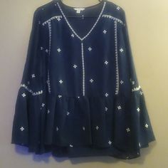 Great Condition, Never Worn. Women's Blouse, Navy Blue And White, Size 16/18 Xl Blue Bell Sleeve Top For Fall, Blue Tunic Blouse For Fall, Blue Peasant Top For Fall, Blue Peasant Blouse For Spring, Spring Blue Tunic Peasant Top, Blue Peasant V-neck Top, Blue Tunic Peasant Top For Summer, Blue Long Sleeve Peasant Blouse, Blue Peasant Style V-neck Top