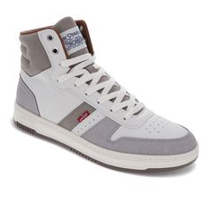 Step up your style with these iconic high-top sneakers. Made with vegan leather uppers and soft, breathable mesh lining, these men’s sneakers are just what you need to keep your feet relaxed and your style on point. The durably stitched overlays create clean lines and a retro-inspired classic look so you can pair them with any outfit, from jeans to shorts, for some added flare. The clean, eye-catching rubber outsoles not only keep your style crisp and polished, but also create next-level tractio Levi's Leather Sneakers In Sporty Style, Levi's Leather Sneakers Sporty Style, Casual Leather High-top Sneakers Fade-resistant, Functional Leather High-top Breathable Sneakers, Gray High-top Sneakers With Gum Sole, Casual Gray Leather High-top Sneakers, Leather Cushioned High-top Sneakers, Levi's Sporty Sneakers With Rubber Sole, Urban Leather High-top Sneakers With Breathable Material