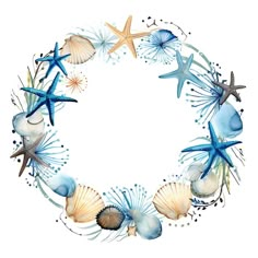 a watercolor painting of seashells and starfish arranged in a circle on a white background