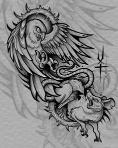 a tattoo design with an eagle and demon on it