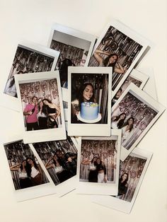 several polaroid photos of women posing with a cake in front of them on a table