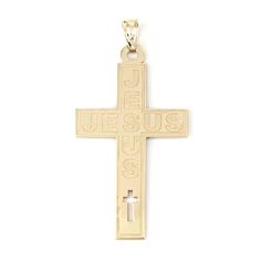 This Religious Pendant Is Made Of 14 Karat Yellow Gold And Has A Simple, But Lovely Cross Design With "Jesus" Etched Onto It Horizontally And Vertically. The Lower Part Of The Cross Has A Punched Cross Design, As Well. The Bail Fits Smaller Sized Chains. "14k" Is Stamped Onto The Back. ***Chain Not Included*** Size: 1.75" X 0.625" (Height X Width) Metal: 14 Karat Yellow Gold Weight: 1.79dwt / 2.79g 831684-11* E-1121 Back Chain, Jesus Cross, Cross Design, Jesus On The Cross, Cross Designs, Cross Charms, The Cross, Etching, Charm Pendant