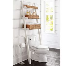 a white toilet sitting in a bathroom next to a ladder