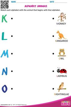 an alphabet worksheet with animals and letters