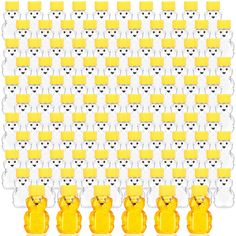 yellow teddy bears are arranged in rows on a white background with black and white dots