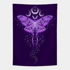 a purple butterfly with stars and crescents on it's wings, in the middle of